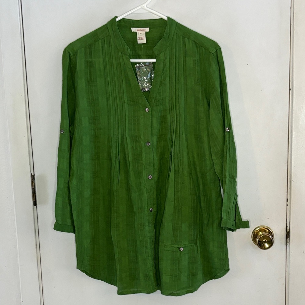 Sundance green woven cotton button front top with pintuck pleats Size XL